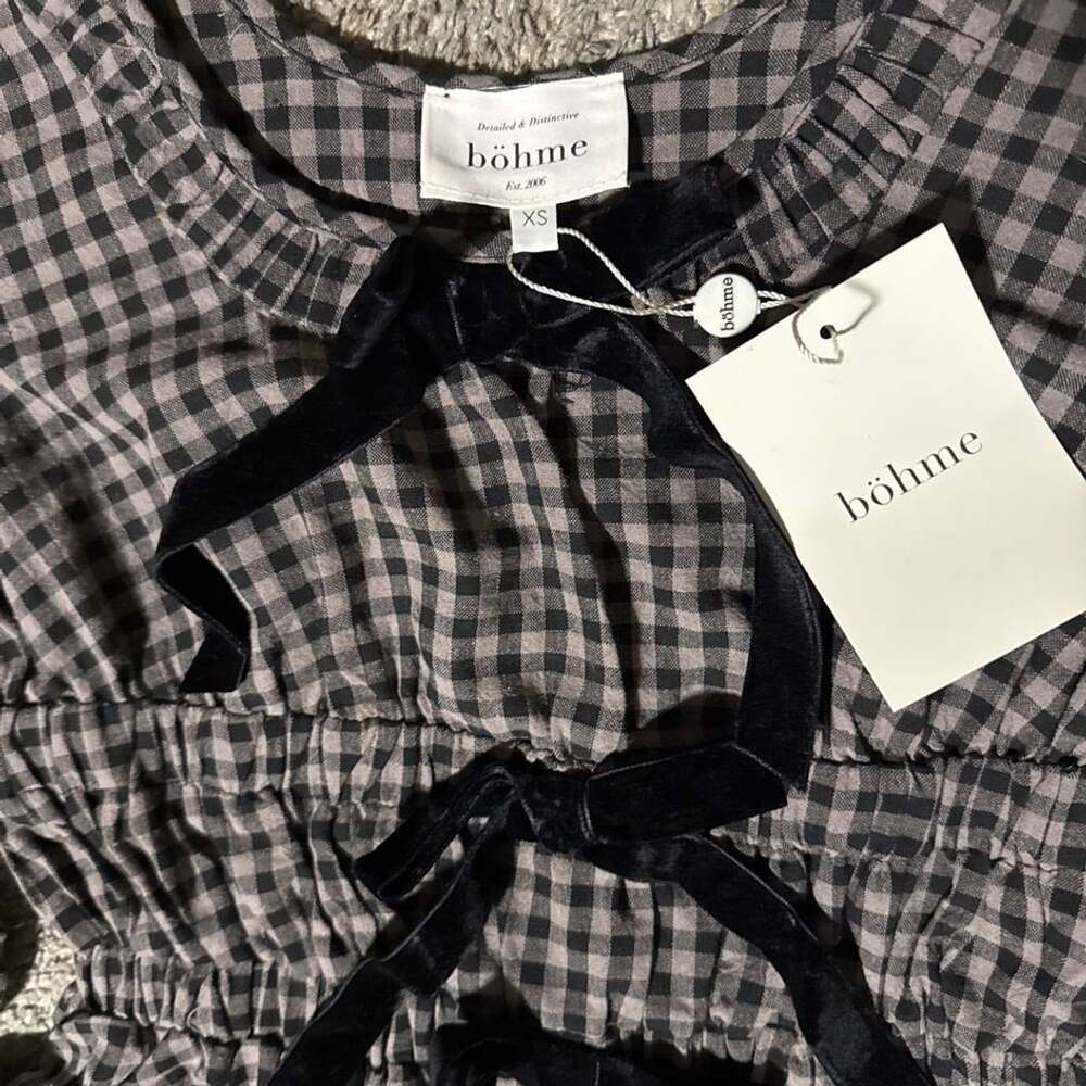 Böhme Gingham Size XS Black grey Bow blouse NWT